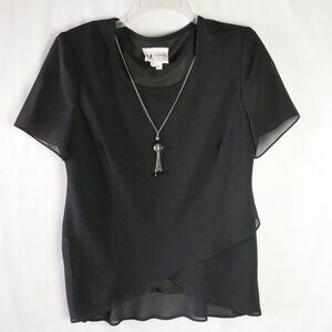 S.L. Fashions Petite Womens Size 14P Black Layered Semi Sher Blouse Pad Shoulder